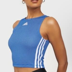 Adidas Blue & White Striped Athletic Zip Up Sleeveless Crop Top